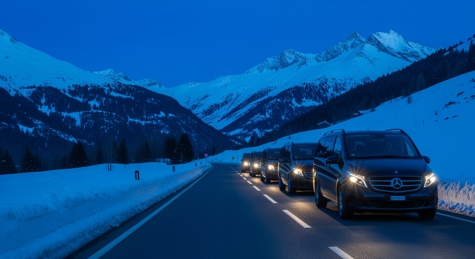 Convoy of Mercedes V-Class vehicles on alpine road at dusk with snowy mountains