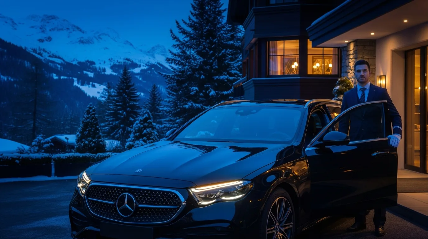 Professional chauffeur opening Mercedes door for client